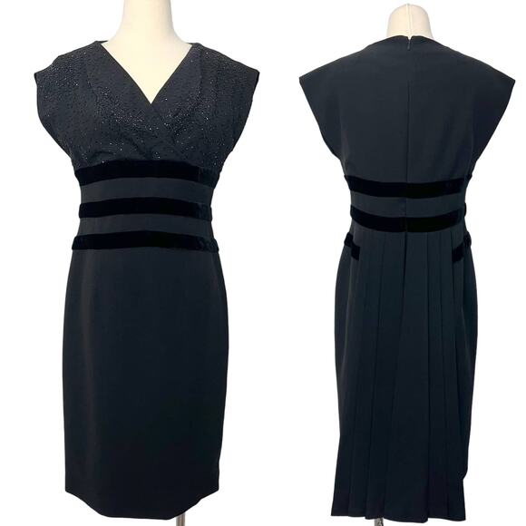 Salvatore Ferragamo Beaded Black Sheath Dress Velvet Trim | Size: 46 (US 12) NWT - Picture 1 of 14